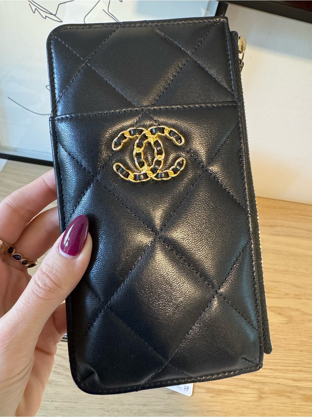 CHANEL 19 Black Quilted Leather Zip Wallet + Phone Case with Gold CC Emblem - Picture 5 of 5